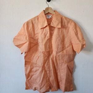 Naji Sportswear 100% Linen Orange Shirt Full Zip Short Sleeve Embroidered